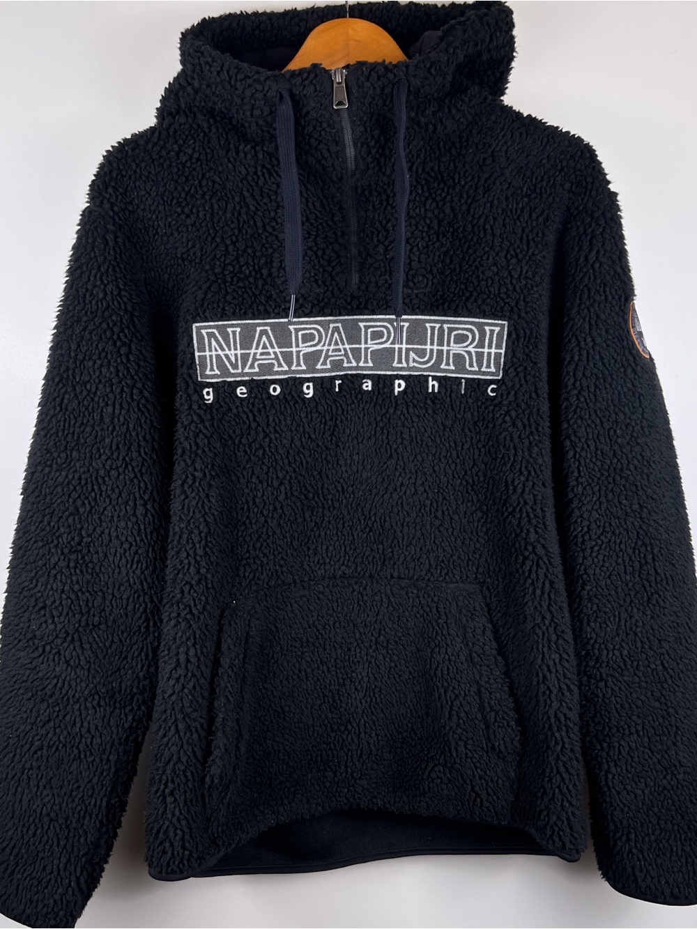 Napapijri Mens Large Black Sherpa Half-Zip Pullover with Logo